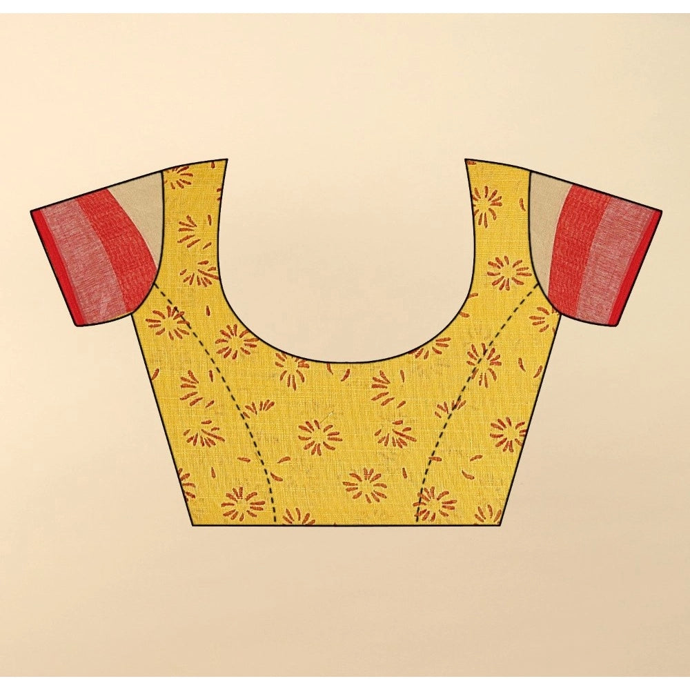 Women's Cotton Linen Printed Saree With Unstitched Blouse 5.5Mtr (Red)