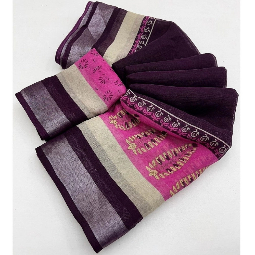 Women's Cotton Linen Printed Saree With Unstitched Blouse 5.5Mtr (Wine)