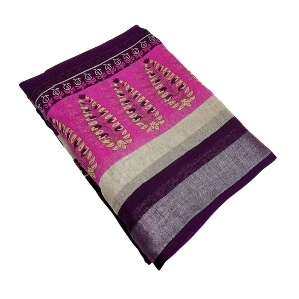 Women's Cotton Linen Printed Saree With Unstitched Blouse 5.5Mtr (Wine)