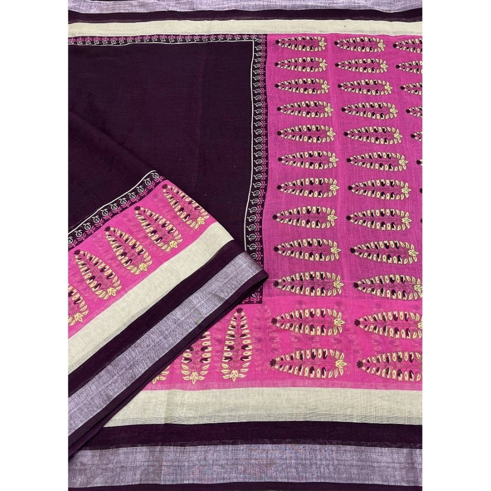 Women's Cotton Linen Printed Saree With Unstitched Blouse 5.5Mtr (Wine)