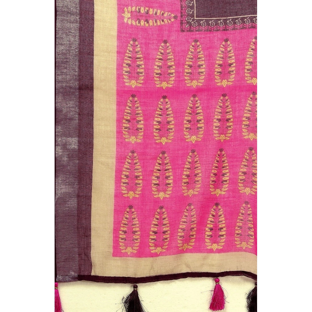 Women's Cotton Linen Printed Saree With Unstitched Blouse 5.5Mtr (Wine)