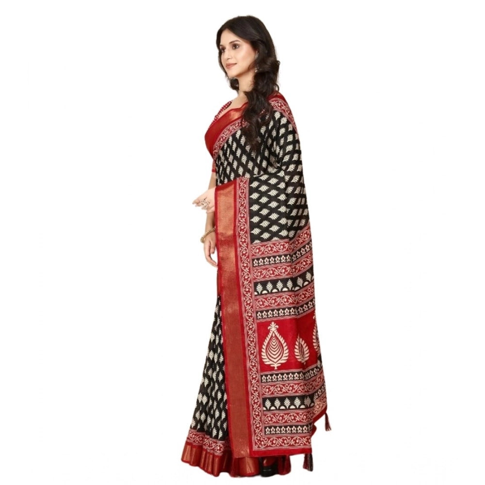Women's Cotton Silk Printed Saree With Unstitched Blouse 5.5Mtr (Black)
