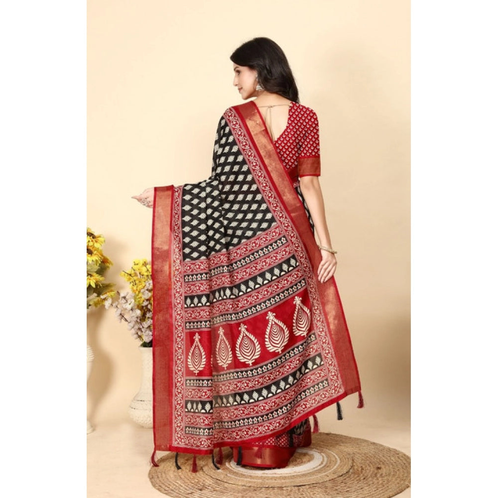 Women's Cotton Silk Printed Saree With Unstitched Blouse 5.5Mtr (Black)