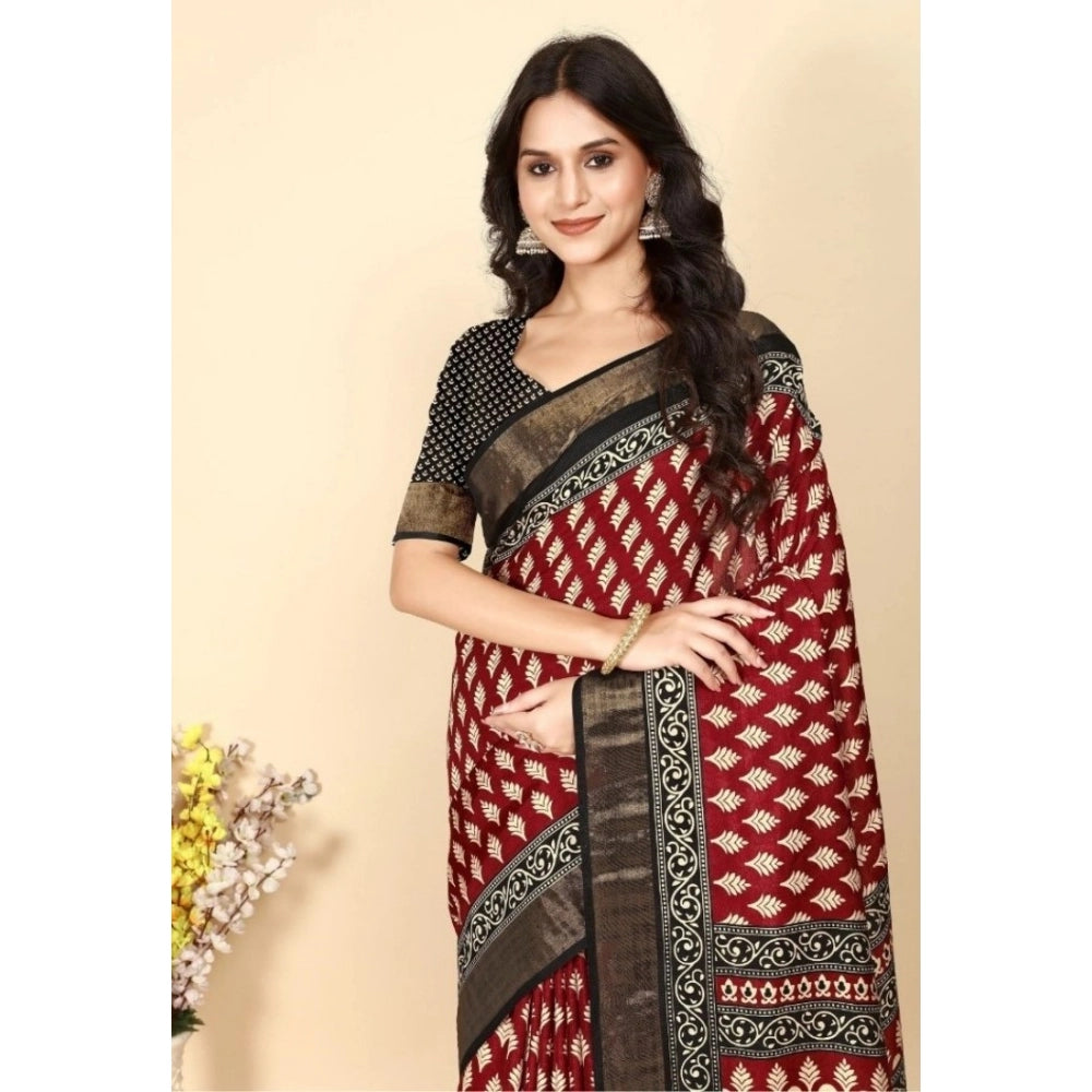 Women's Cotton Silk Printed Saree With Unstitched Blouse 5.5Mtr (Red)