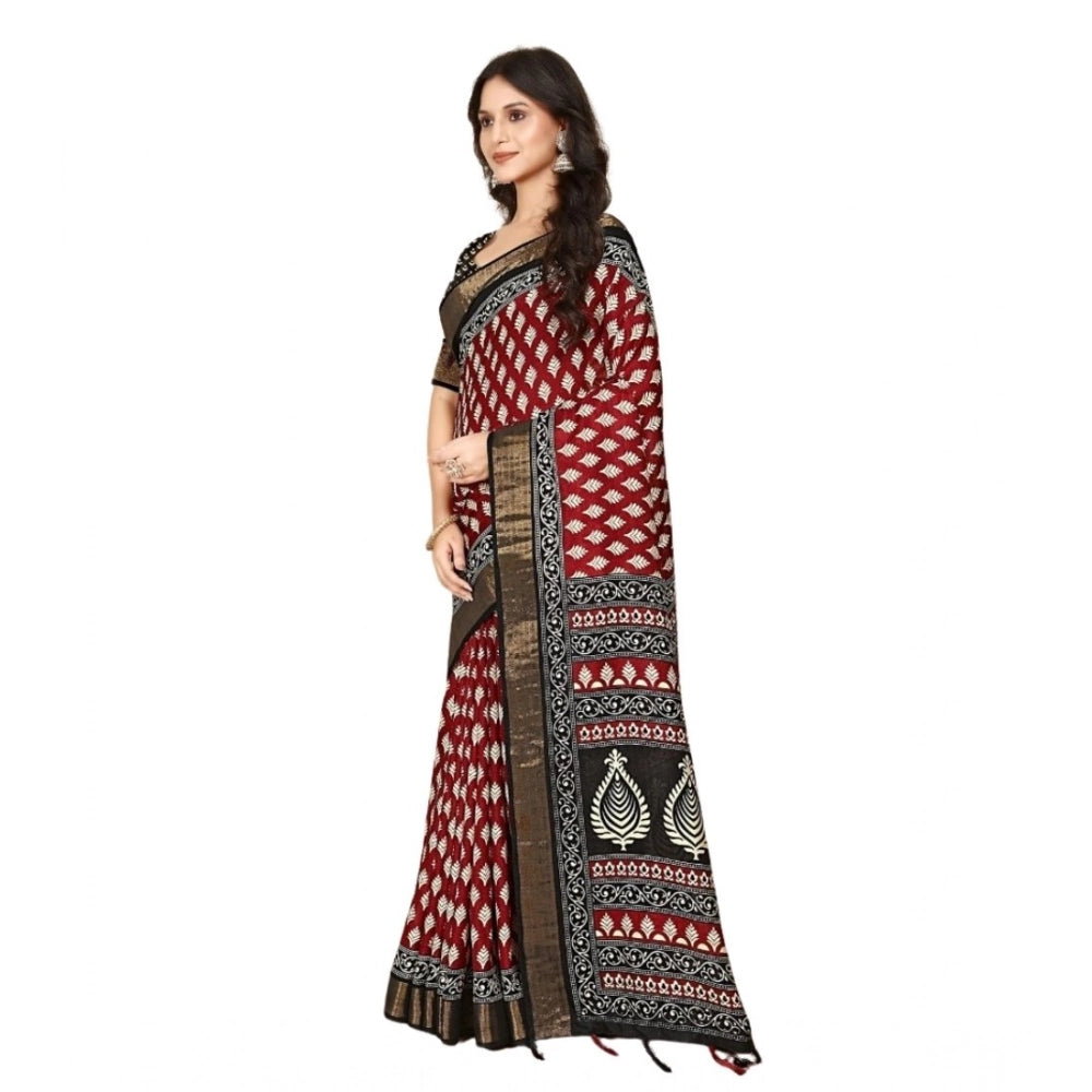 Women's Cotton Silk Printed Saree With Unstitched Blouse 5.5Mtr (Red)
