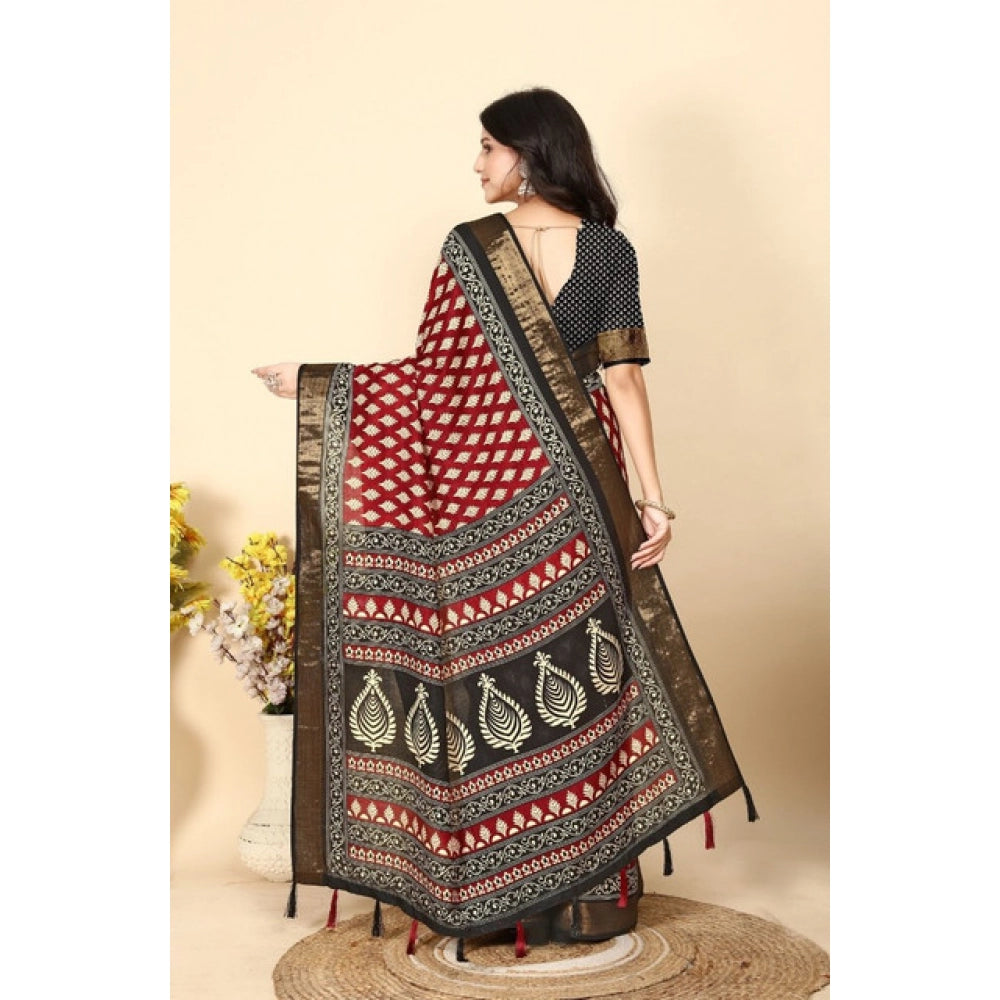 Women's Cotton Silk Printed Saree With Unstitched Blouse 5.5Mtr (Red)