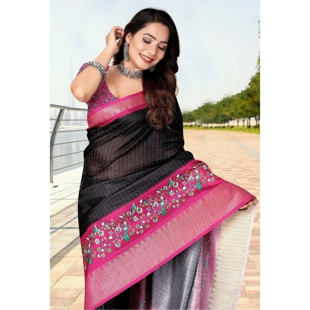 Women's Cotton Silk Printed Saree With Unstitched Blouse 5.5Mtr (Black-Pink)