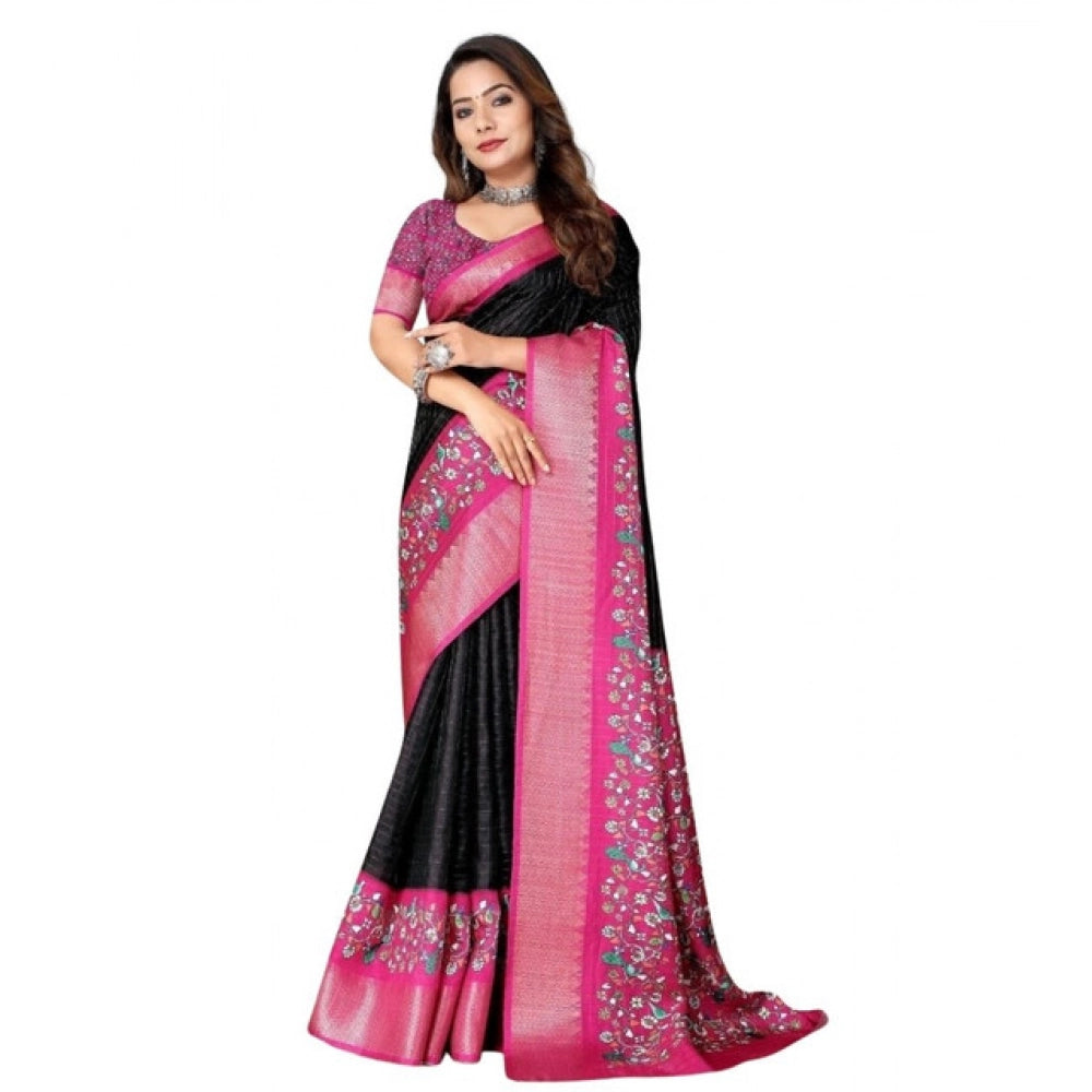 Women's Cotton Silk Printed Saree With Unstitched Blouse 5.5Mtr (Black-Pink)