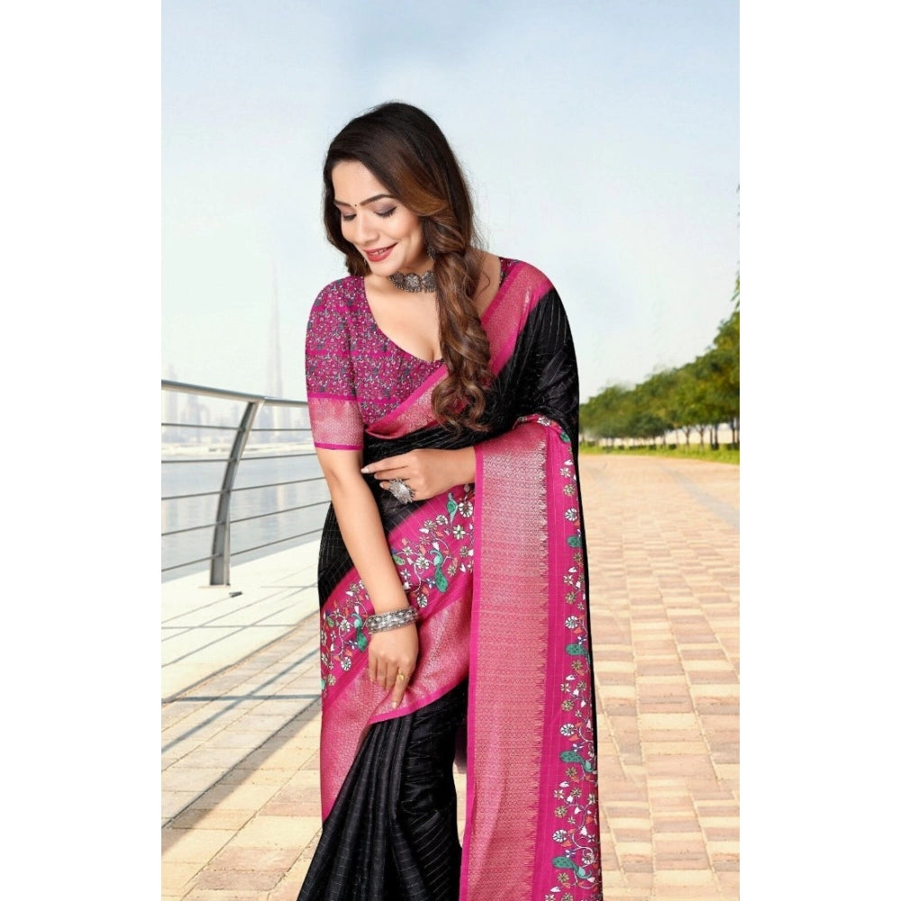 Women's Cotton Silk Printed Saree With Unstitched Blouse 5.5Mtr (Black-Pink)