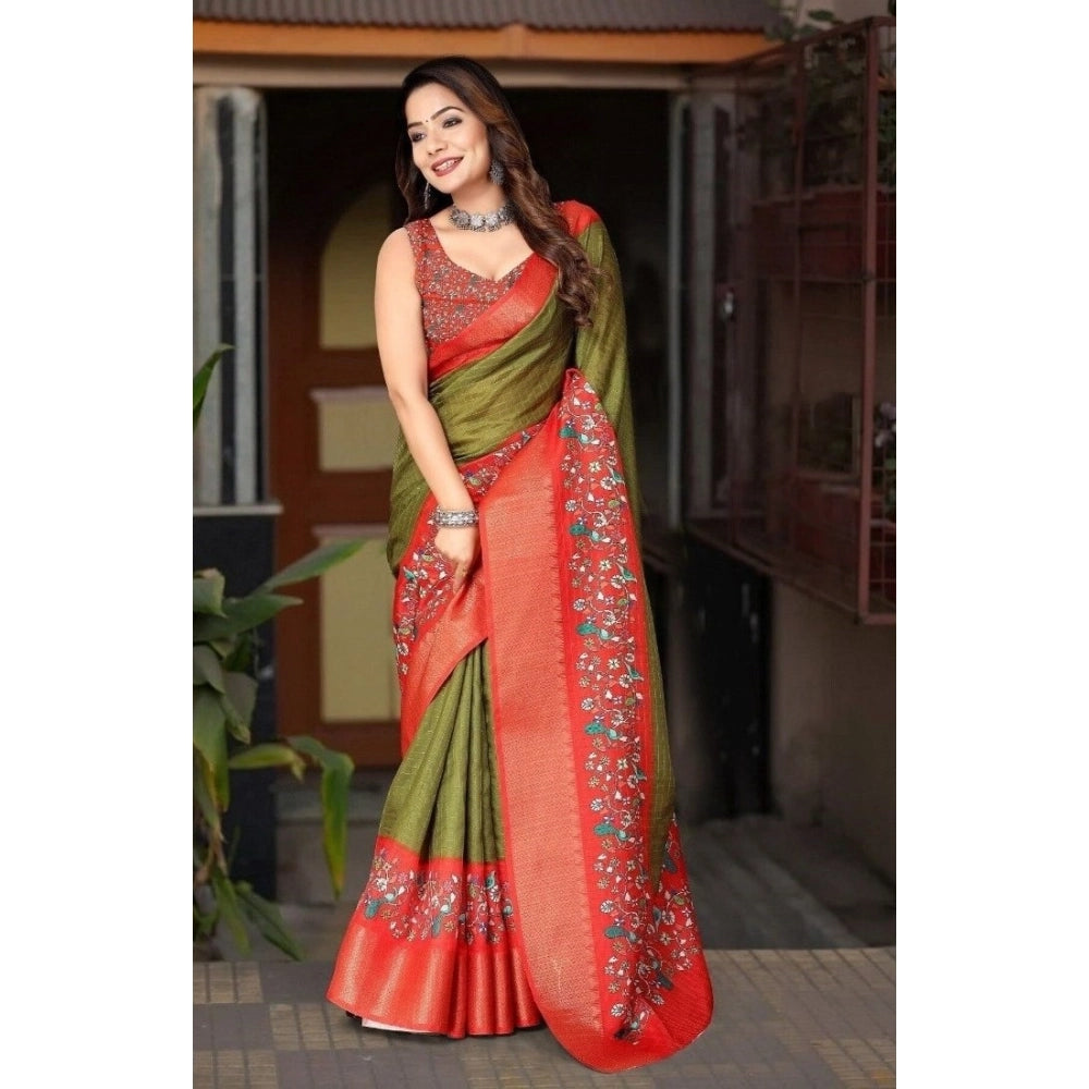 Women's Cotton Silk Printed Saree With Unstitched Blouse 5.5Mtr (Green-Red)