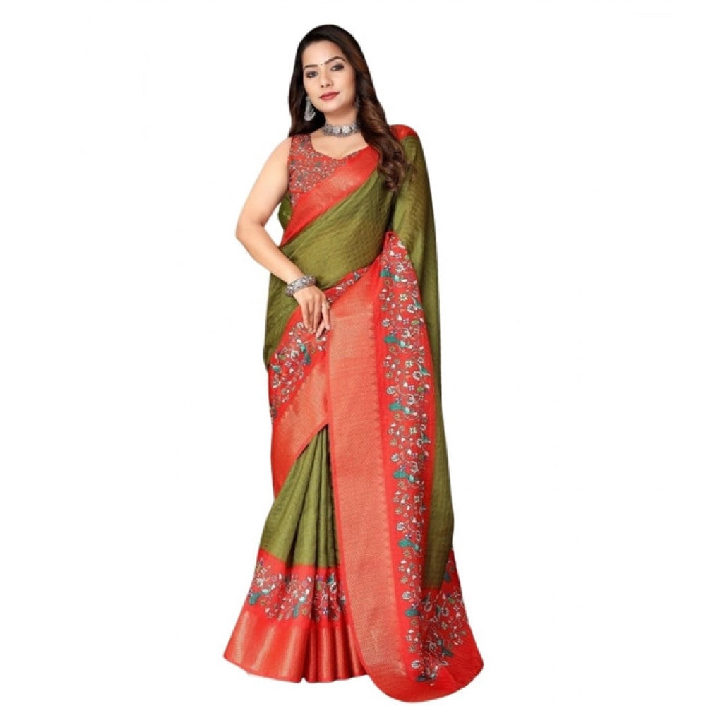 Women's Cotton Silk Printed Saree With Unstitched Blouse 5.5Mtr (Green-Red)