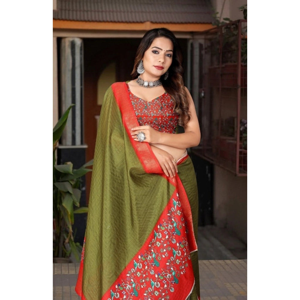 Women's Cotton Silk Printed Saree With Unstitched Blouse 5.5Mtr (Green-Red)