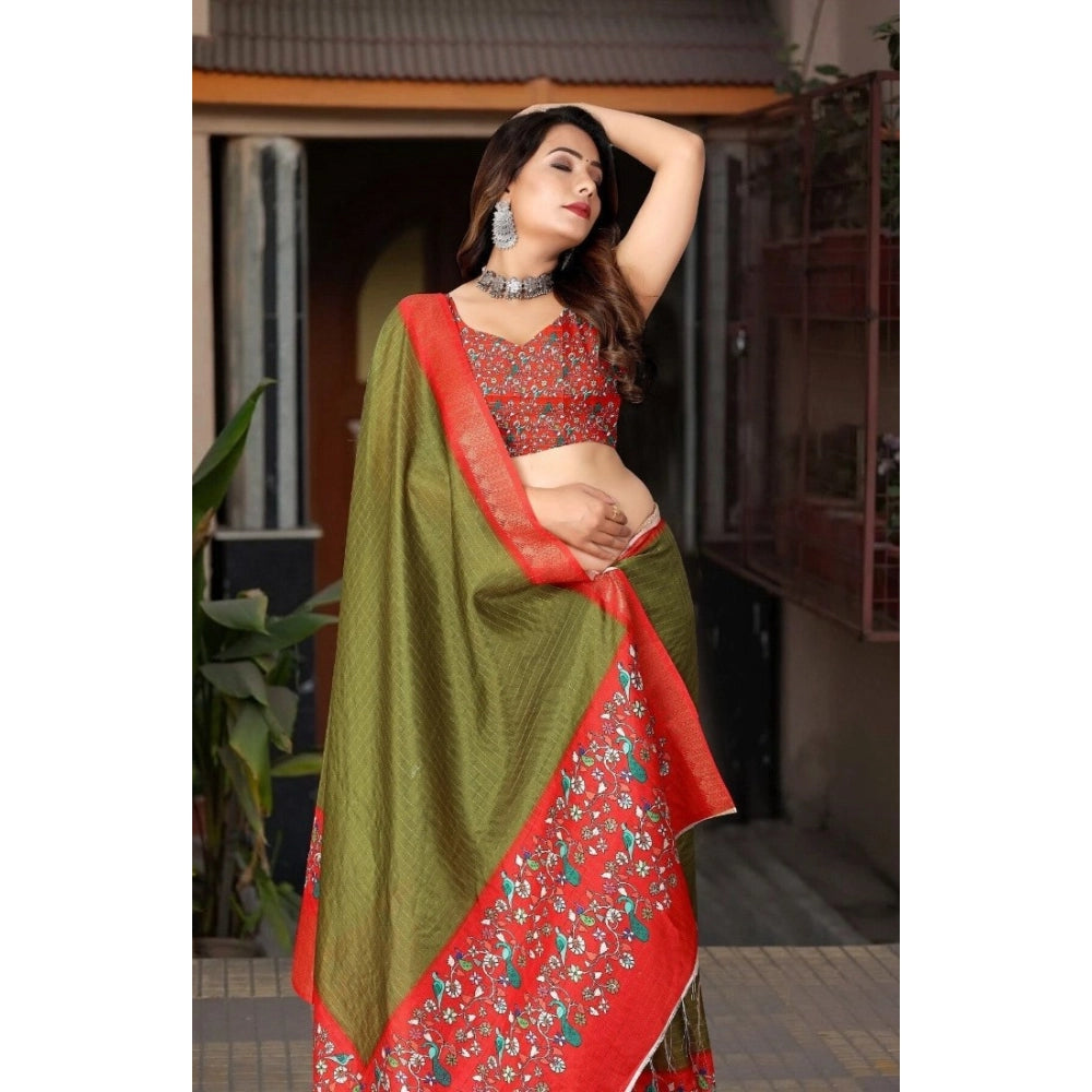 Women's Cotton Silk Printed Saree With Unstitched Blouse 5.5Mtr (Green-Red)