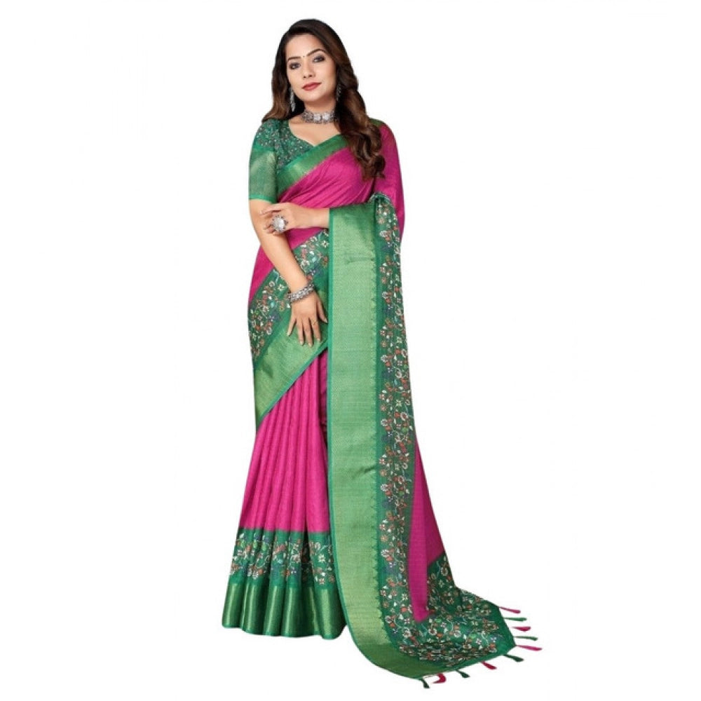Women's Cotton Silk Printed Saree With Unstitched Blouse 5.5Mtr (Multicolor)