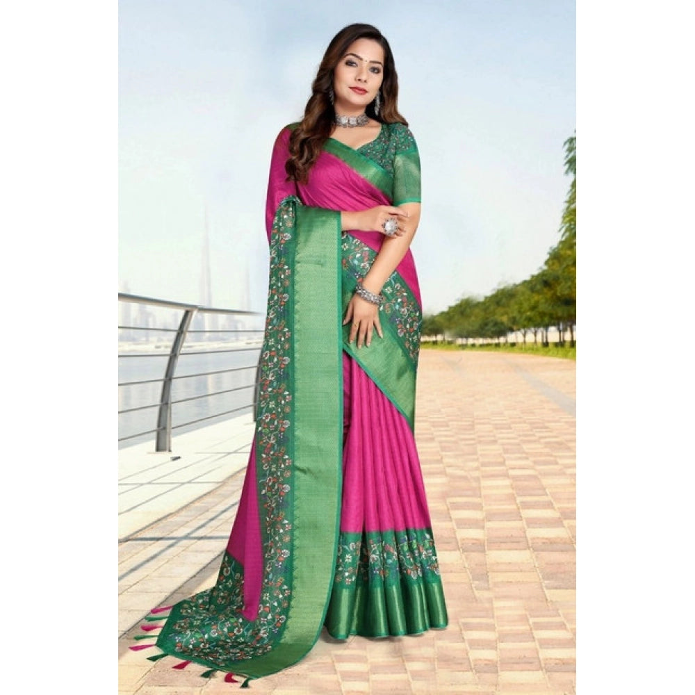 Women's Cotton Silk Printed Saree With Unstitched Blouse 5.5Mtr (Multicolor)