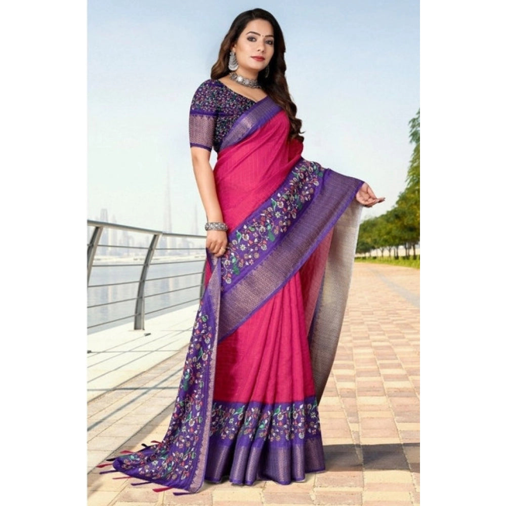 Women's Cotton Silk Printed Saree With Unstitched Blouse 5.5Mtr (Multicolor)