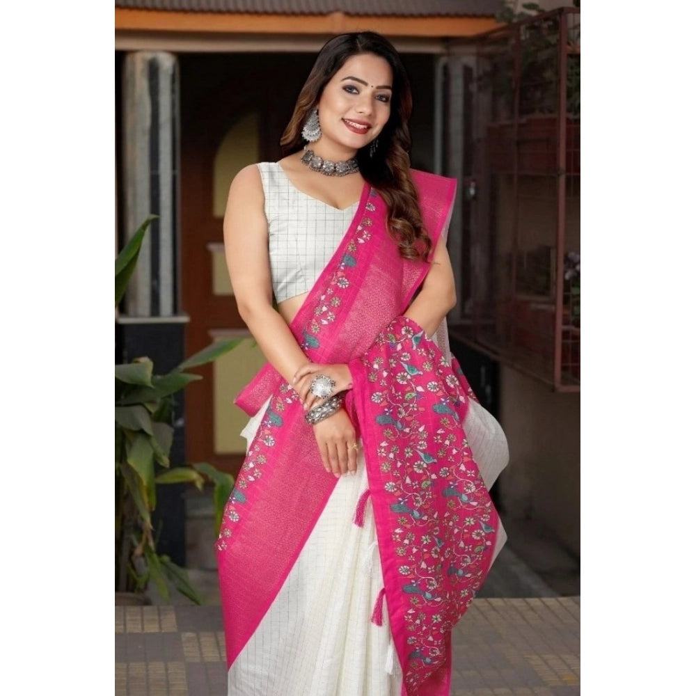 Women's Cotton Silk Printed Saree With Unstitched Blouse 5.5Mtr (White-Pink)