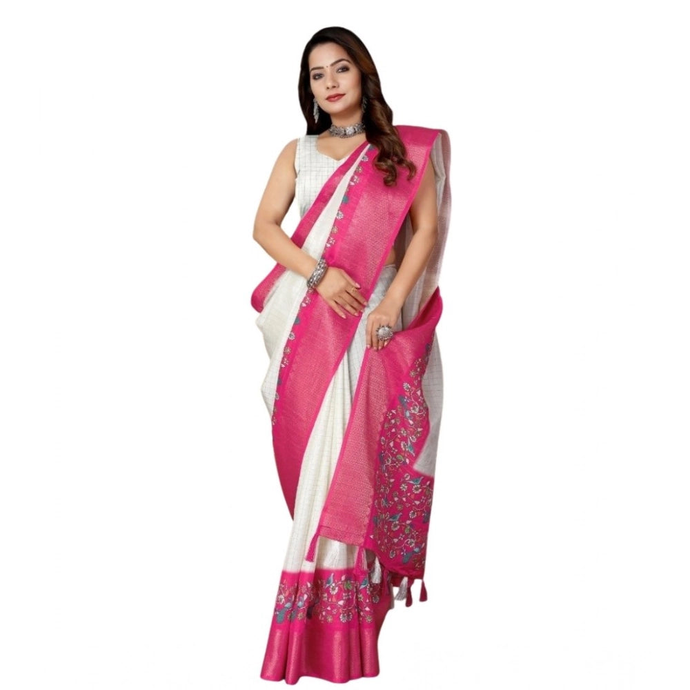 Women's Cotton Silk Printed Saree With Unstitched Blouse 5.5Mtr (White-Pink)