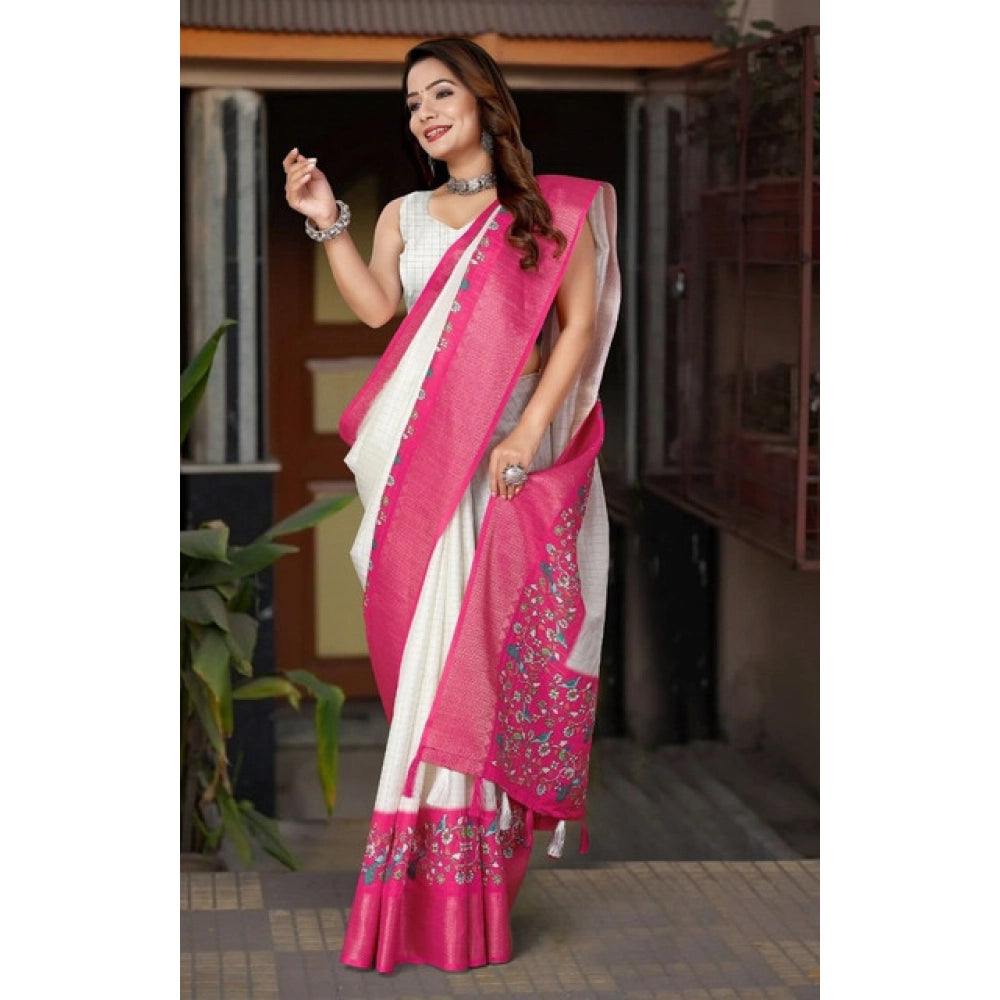 Women's Cotton Silk Printed Saree With Unstitched Blouse 5.5Mtr (White-Pink)
