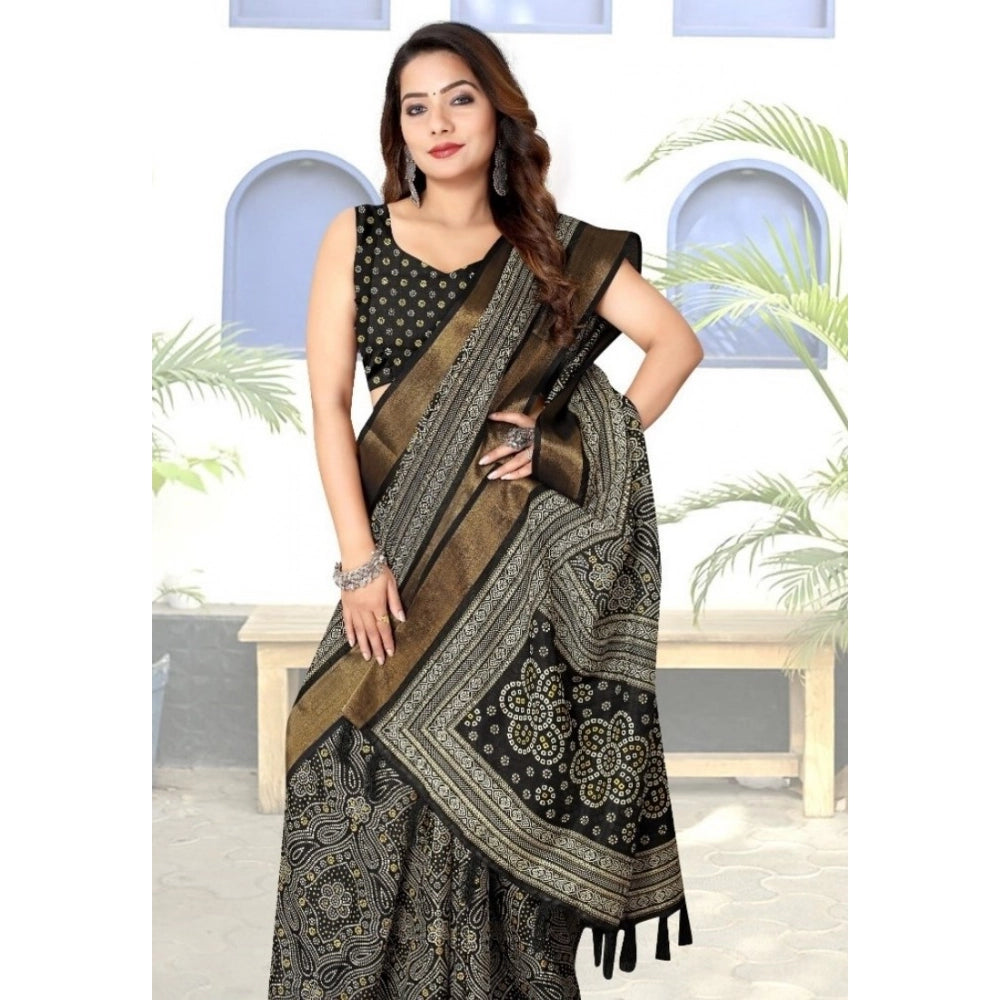 Women's Cotton Silk Printed Saree With Unstitched Blouse 5.5Mtr (Black)