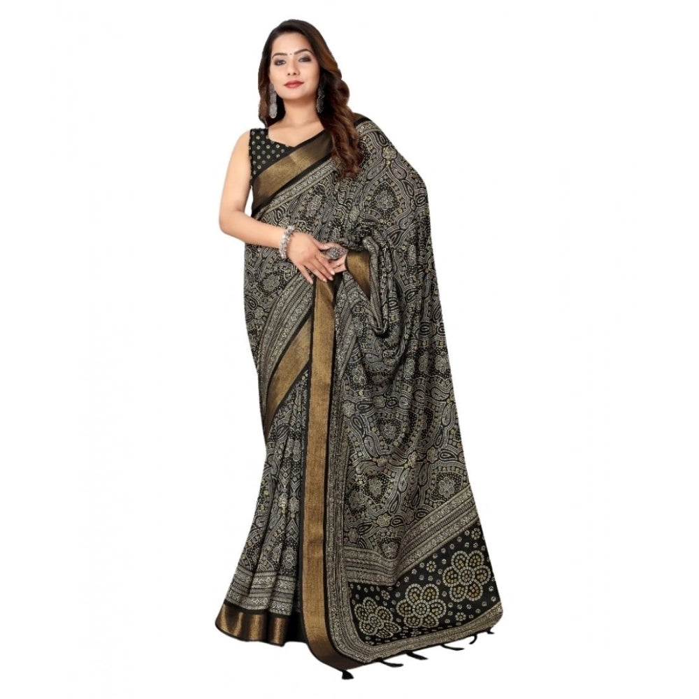Women's Cotton Silk Printed Saree With Unstitched Blouse 5.5Mtr (Black)