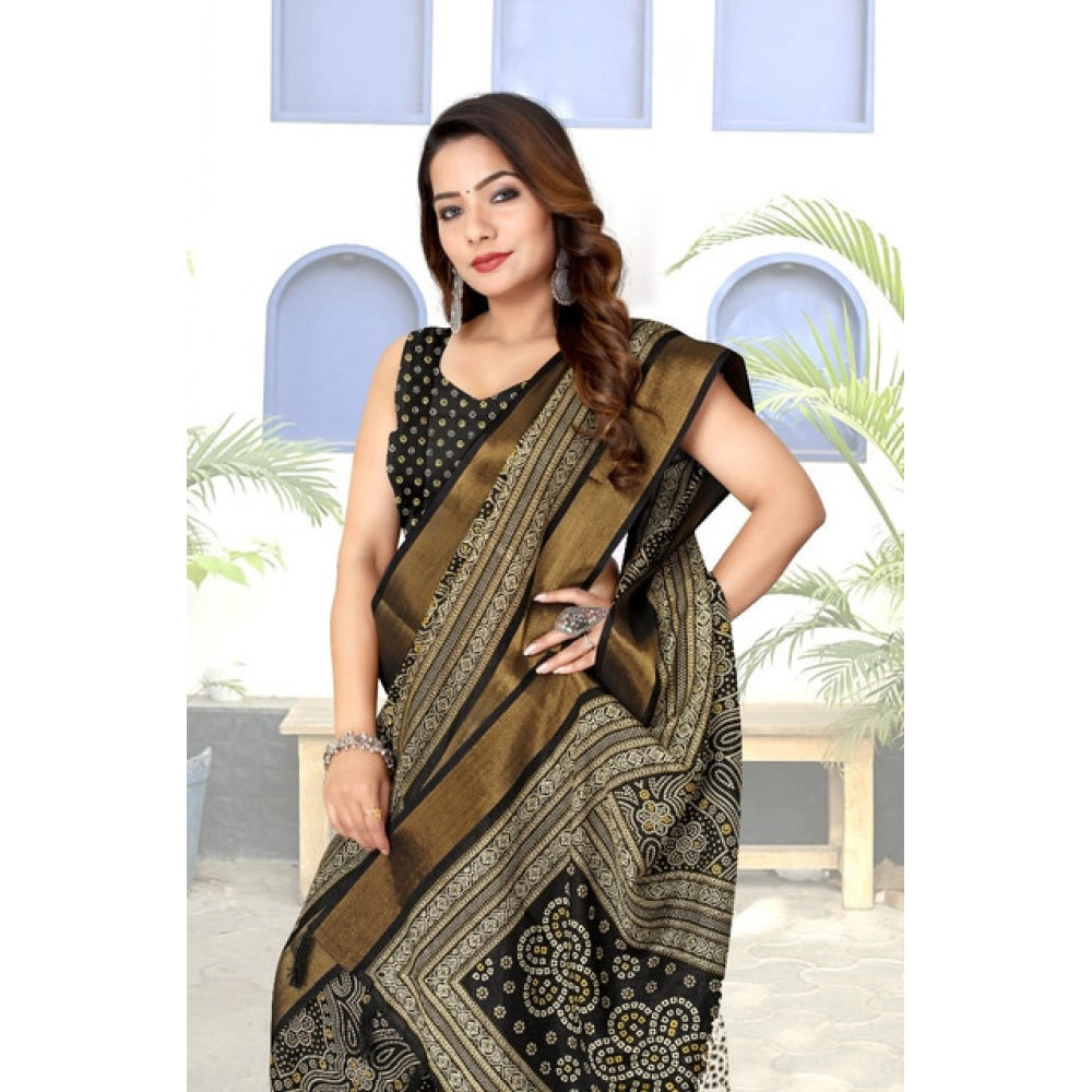Women's Cotton Silk Printed Saree With Unstitched Blouse 5.5Mtr (Black)