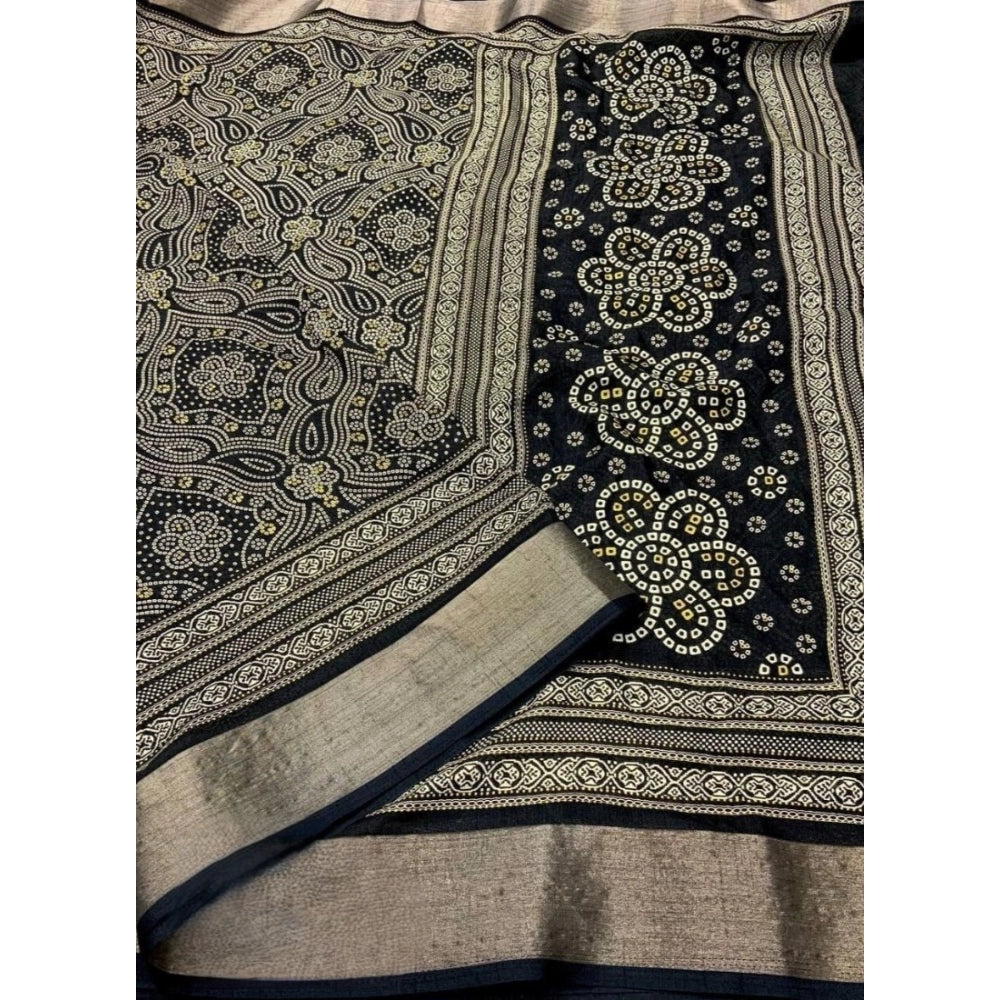 Women's Cotton Silk Printed Saree With Unstitched Blouse 5.5Mtr (Black)