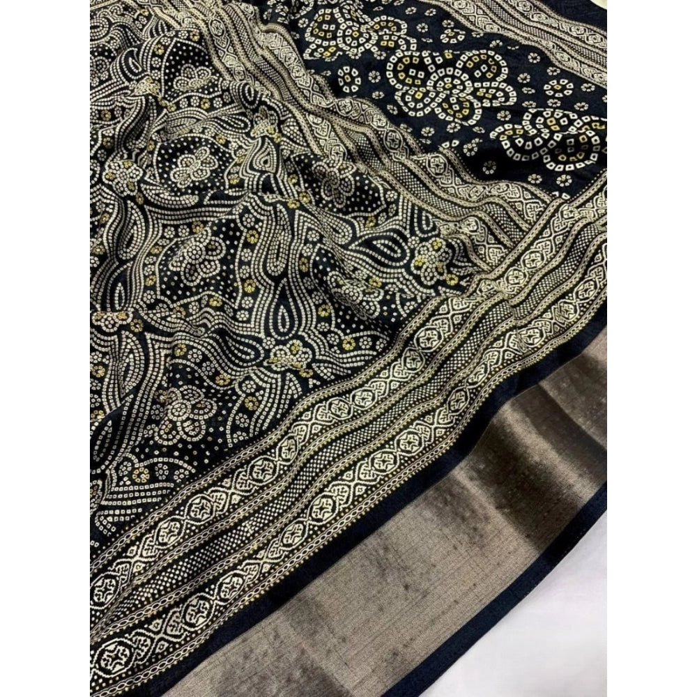 Women's Cotton Silk Printed Saree With Unstitched Blouse 5.5Mtr (Black)