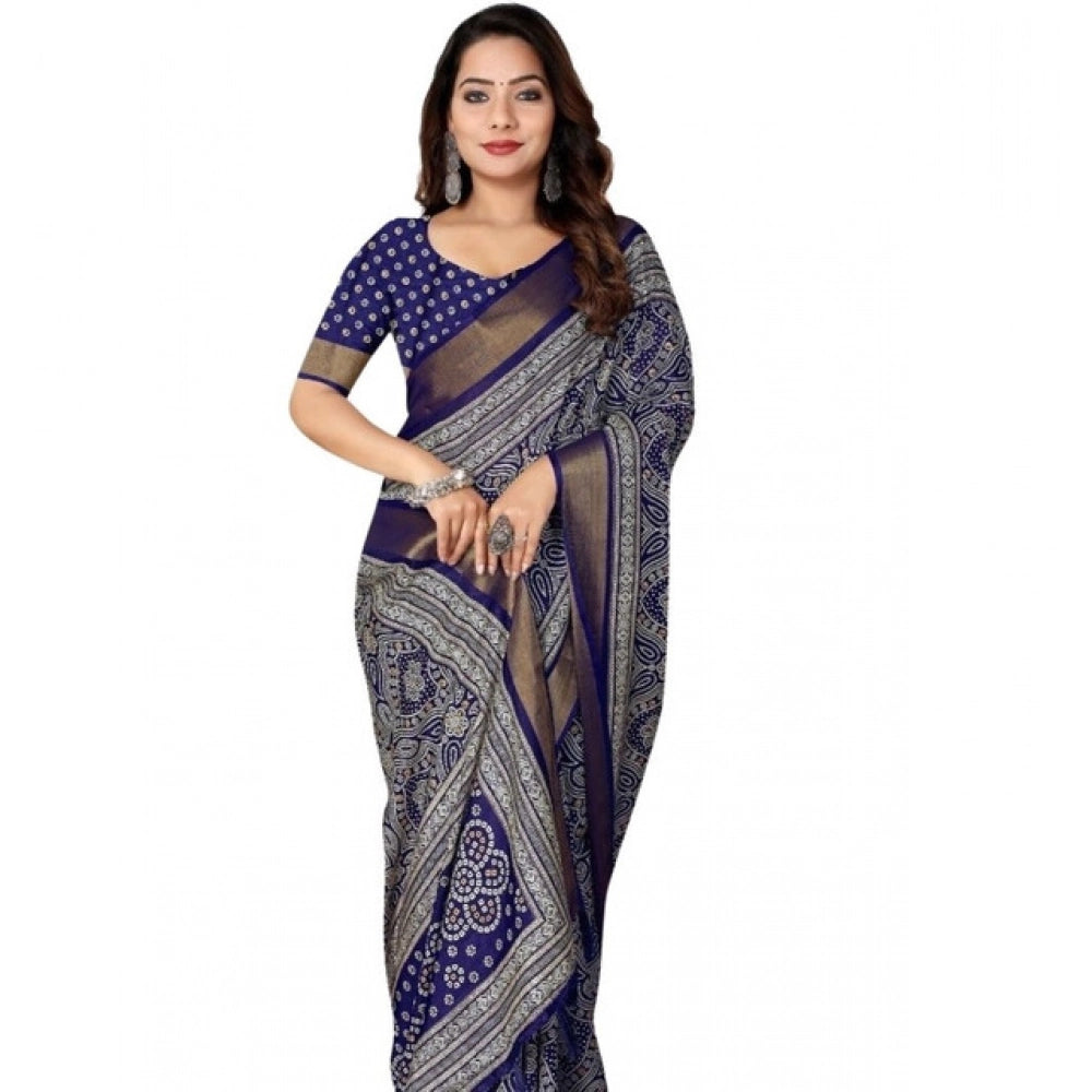 Women's Cotton Silk Printed Saree With Unstitched Blouse 5.5Mtr (Blue)