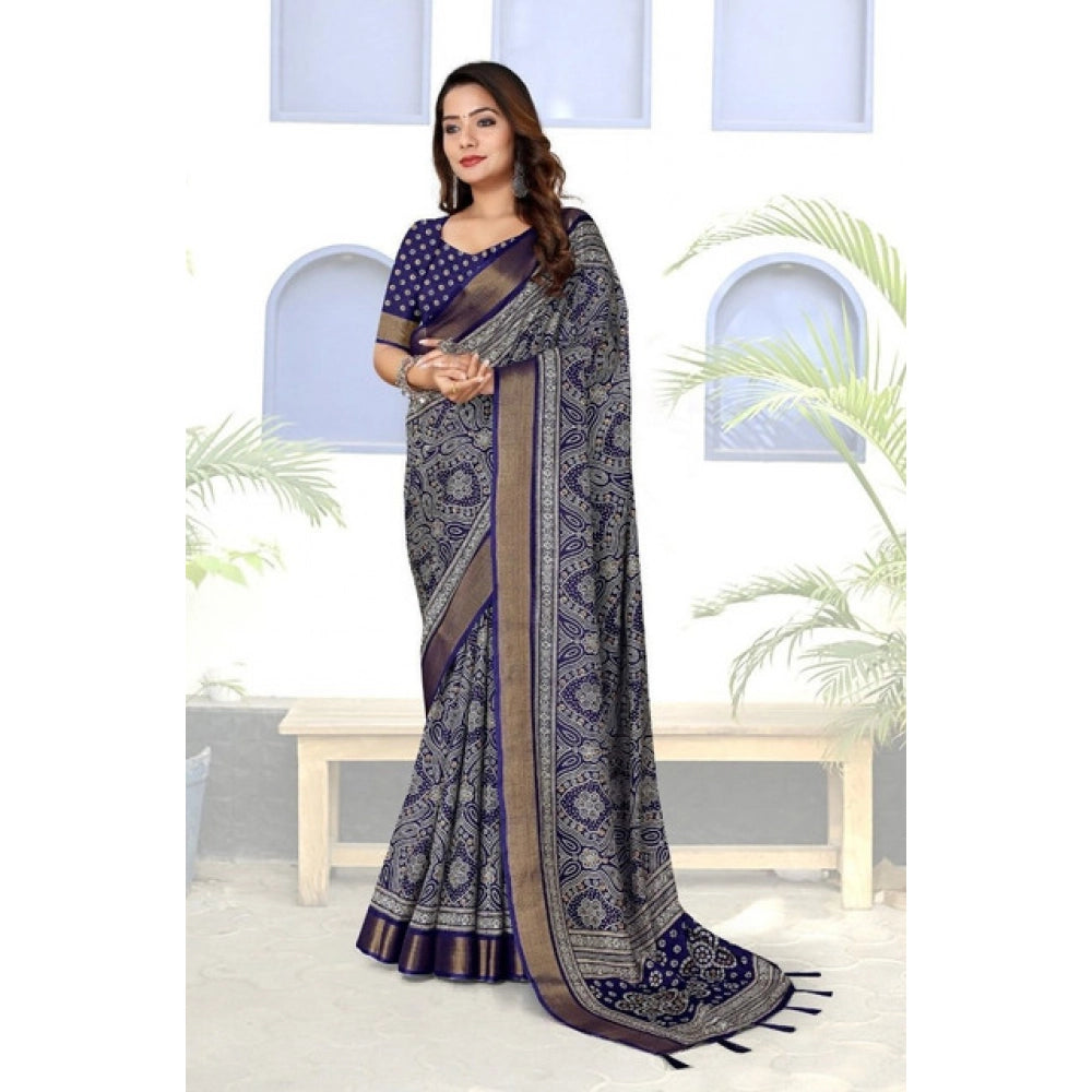 Women's Cotton Silk Printed Saree With Unstitched Blouse 5.5Mtr (Blue)
