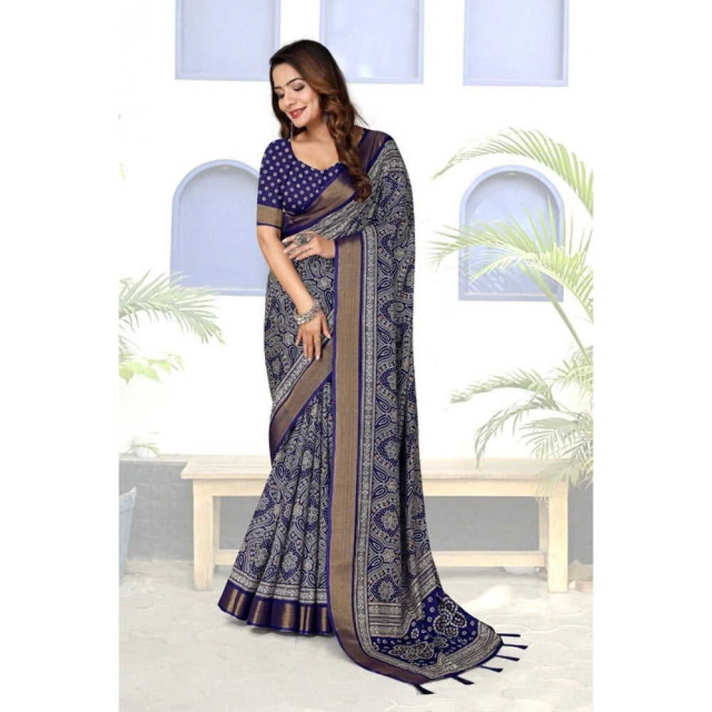 Women's Cotton Silk Printed Saree With Unstitched Blouse 5.5Mtr (Blue)