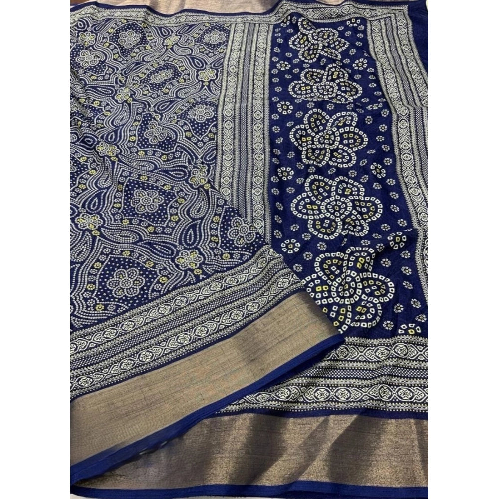 Women's Cotton Silk Printed Saree With Unstitched Blouse 5.5Mtr (Blue)