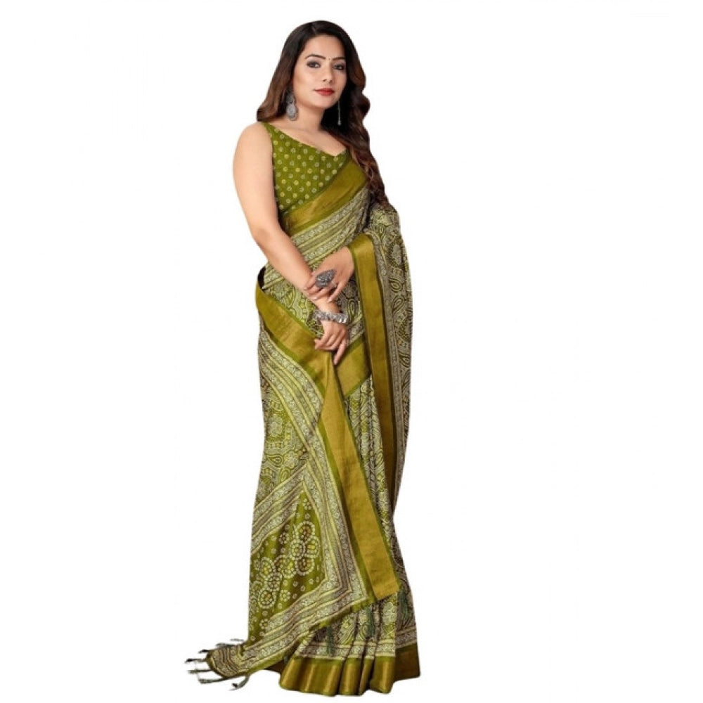 Women's Cotton Silk Printed Saree With Unstitched Blouse 5.5Mtr (Green)