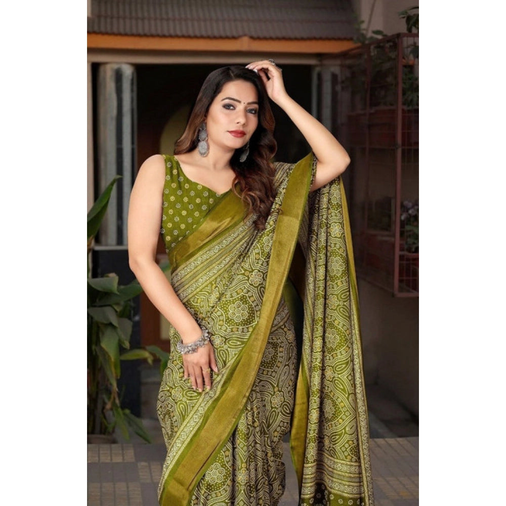 Women's Cotton Silk Printed Saree With Unstitched Blouse 5.5Mtr (Green)