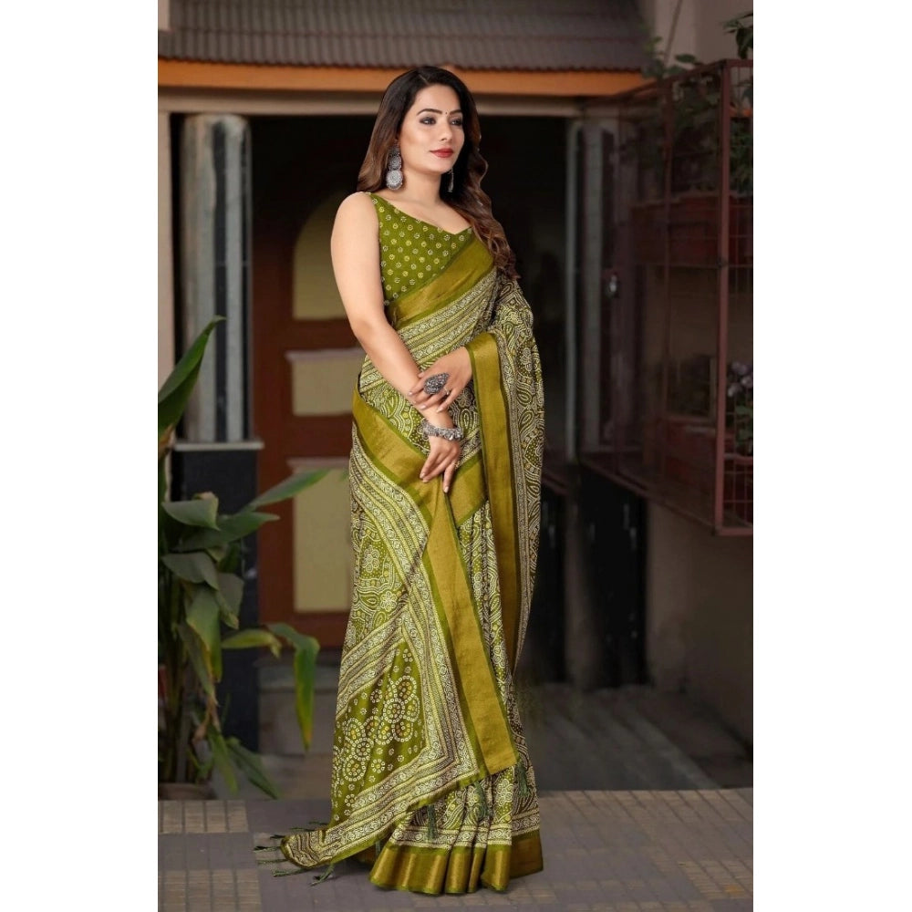 Women's Cotton Silk Printed Saree With Unstitched Blouse 5.5Mtr (Green)