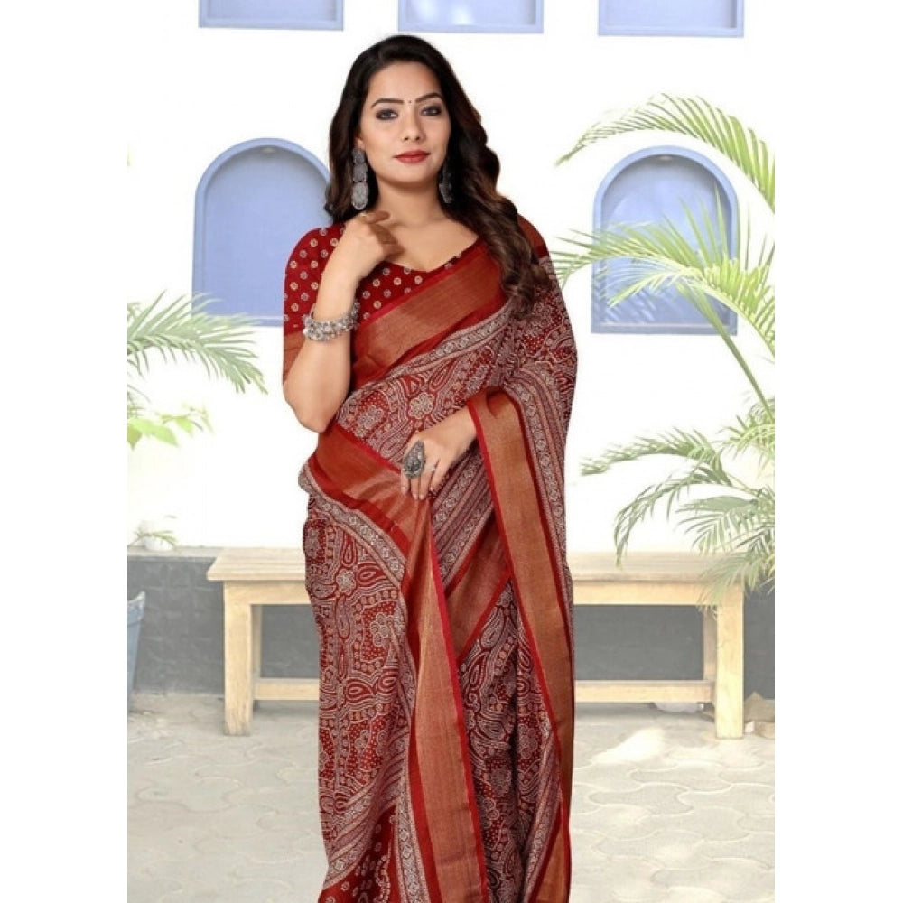 Women's Cotton Silk Printed Saree With Unstitched Blouse 5.5Mtr (Maroon)