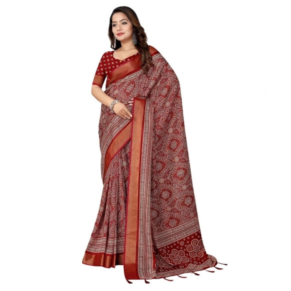 Women's Cotton Silk Printed Saree With Unstitched Blouse 5.5Mtr (Maroon)