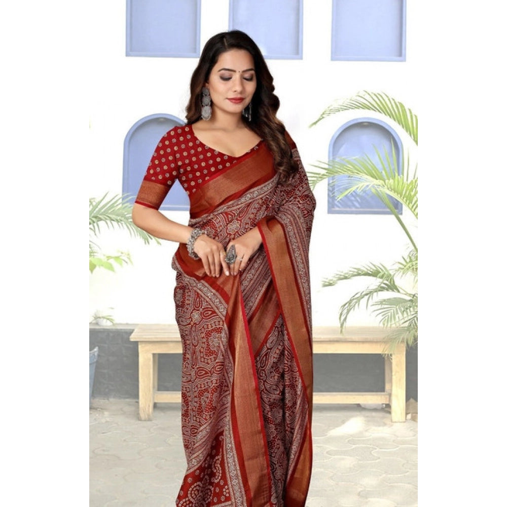 Women's Cotton Silk Printed Saree With Unstitched Blouse 5.5Mtr (Maroon)