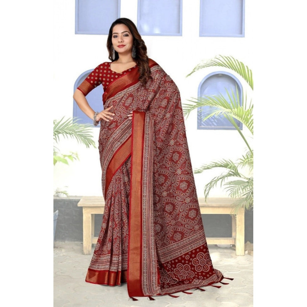 Women's Cotton Silk Printed Saree With Unstitched Blouse 5.5Mtr (Maroon)