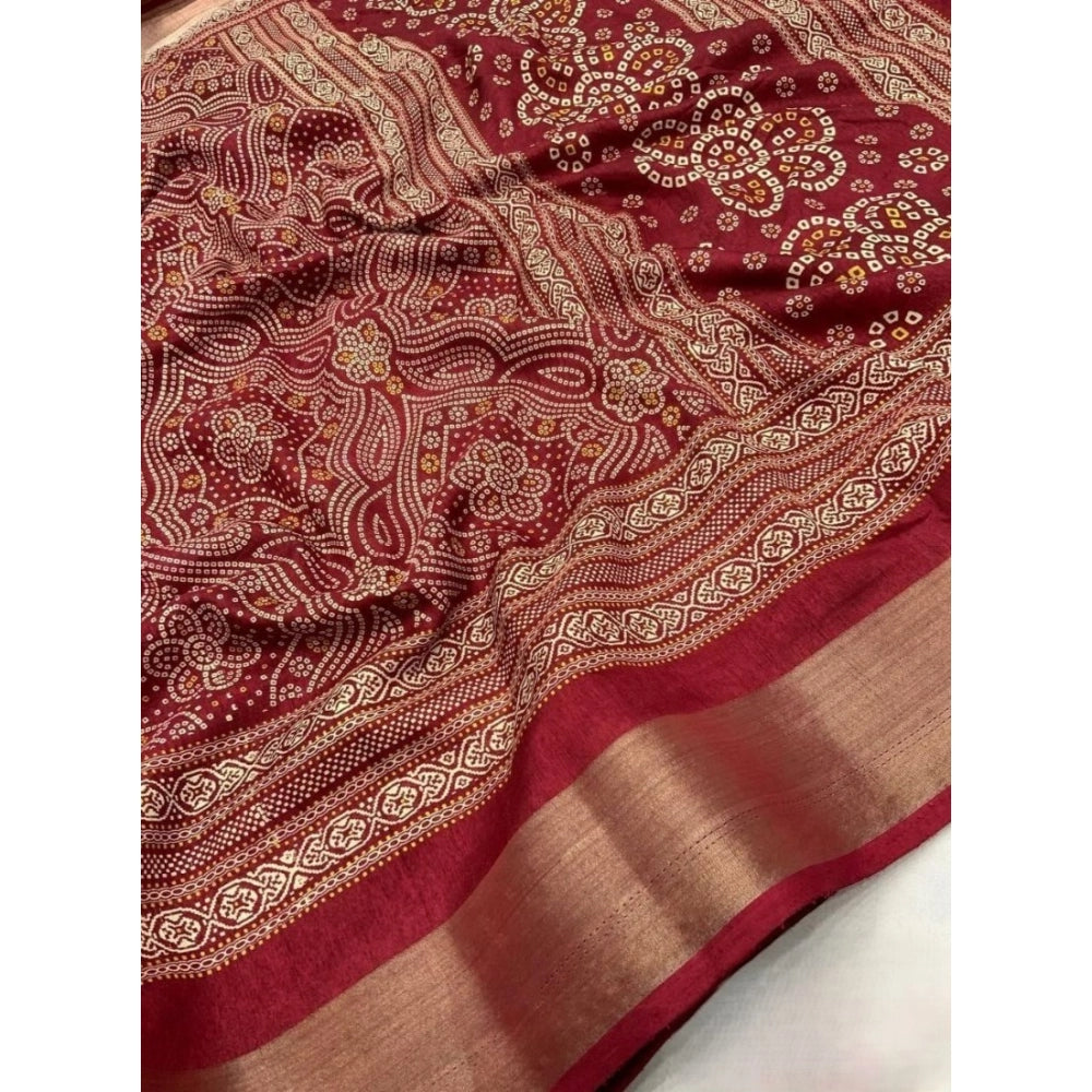Women's Cotton Silk Printed Saree With Unstitched Blouse 5.5Mtr (Maroon)