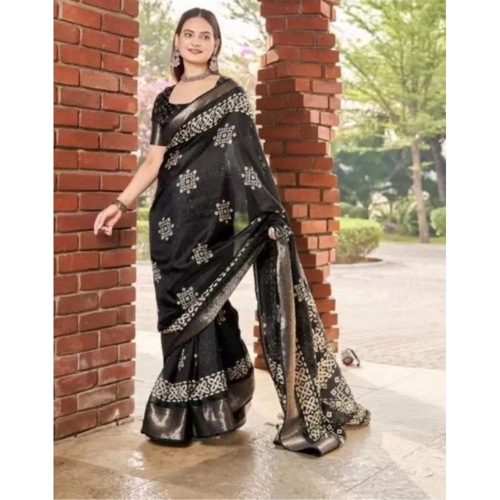 Women's Cotton Silk Printed Saree With Unstitched Blouse 5.5Mtr (Black)