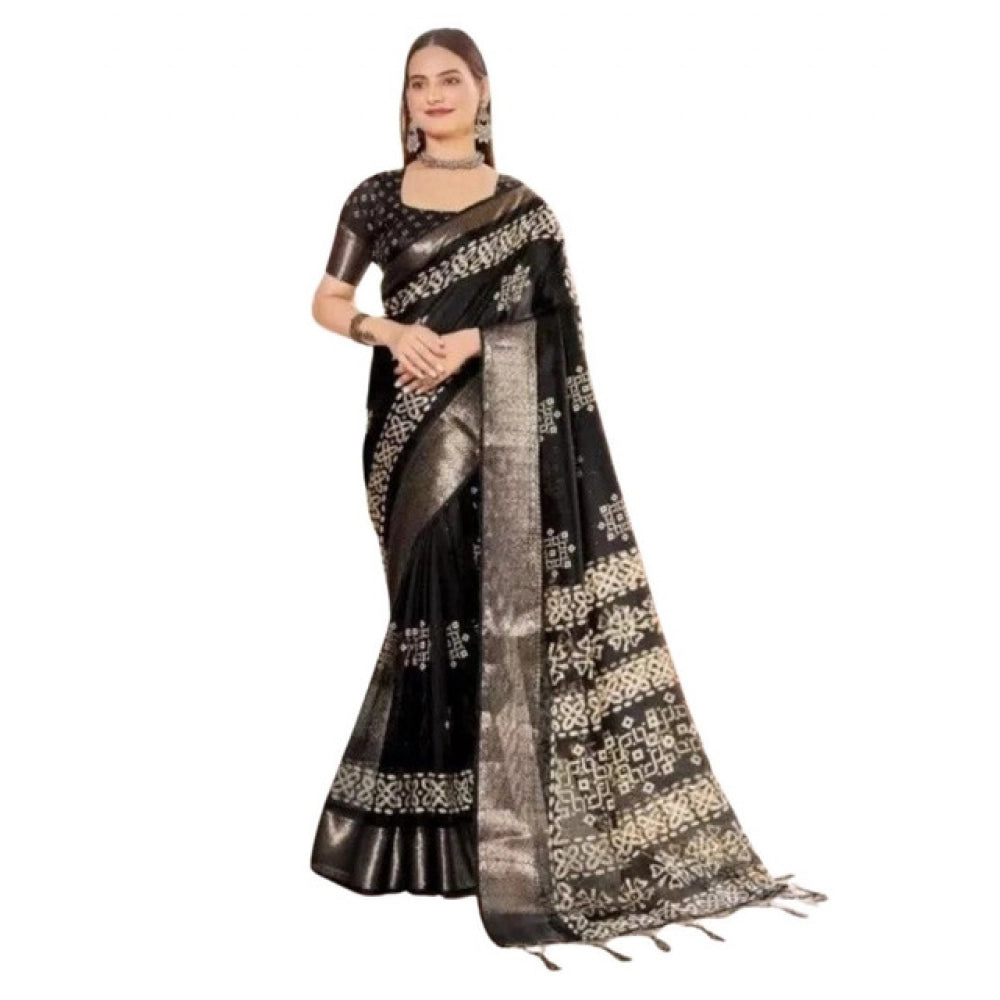 Women's Cotton Silk Printed Saree With Unstitched Blouse 5.5Mtr (Black)