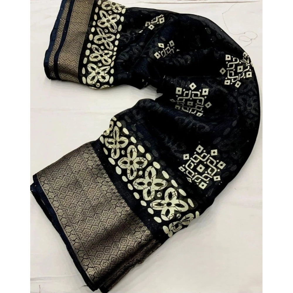 Women's Cotton Silk Printed Saree With Unstitched Blouse 5.5Mtr (Black)