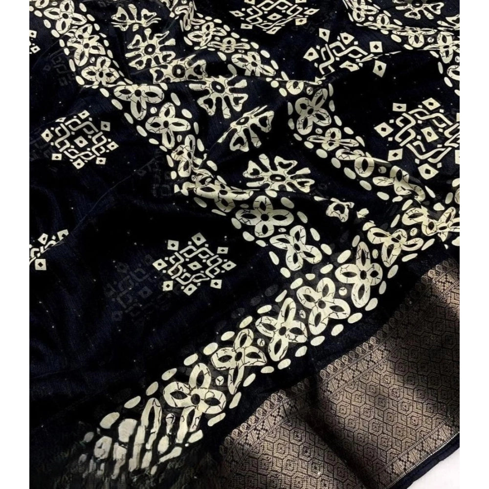 Women's Cotton Silk Printed Saree With Unstitched Blouse 5.5Mtr (Black)