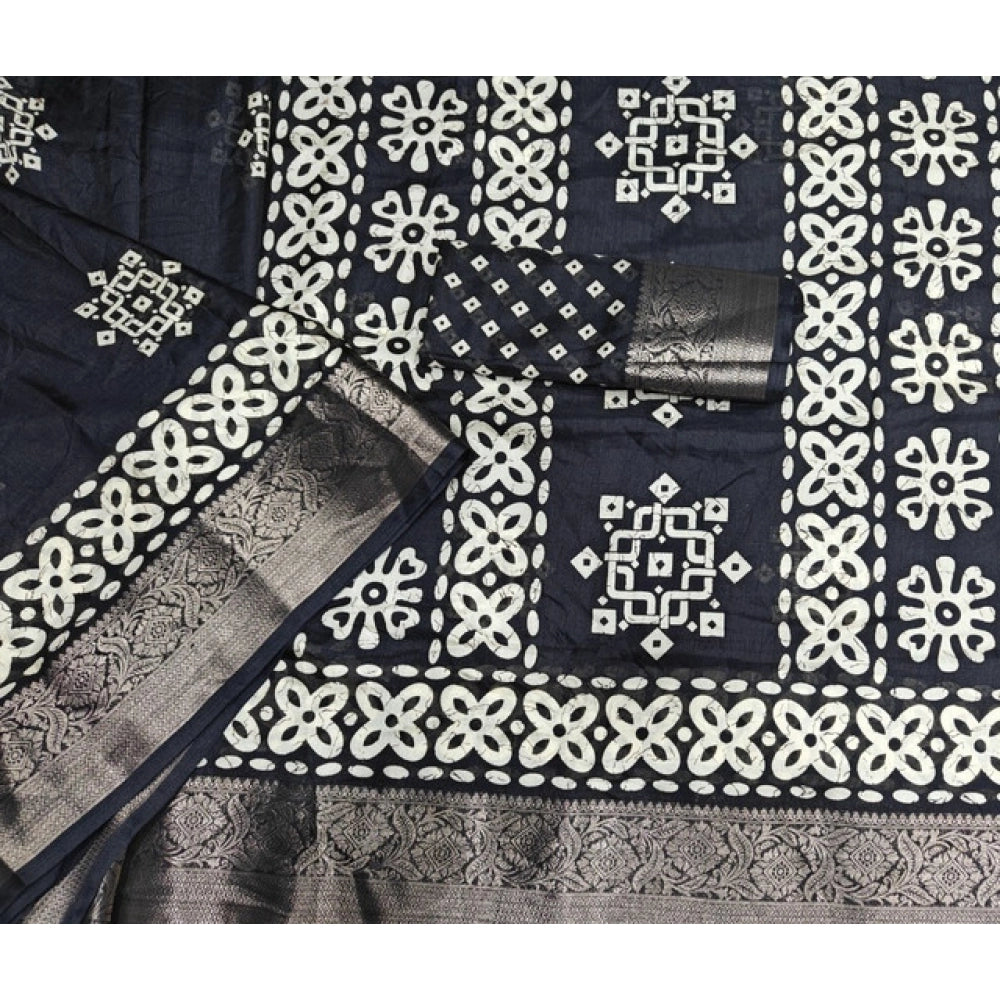 Women's Cotton Silk Printed Saree With Unstitched Blouse 5.5Mtr (Black)