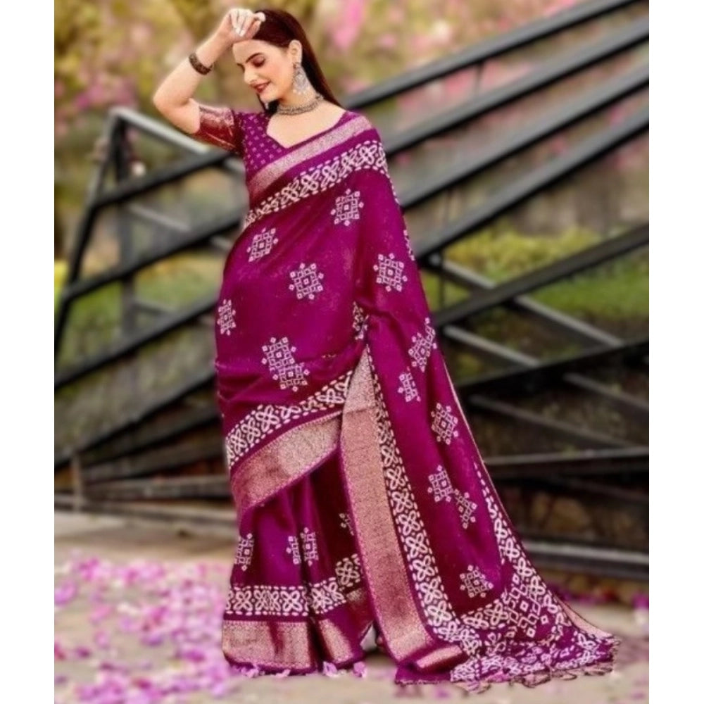 Women's Cotton Silk Printed Saree With Unstitched Blouse 5.5Mtr (Wine)