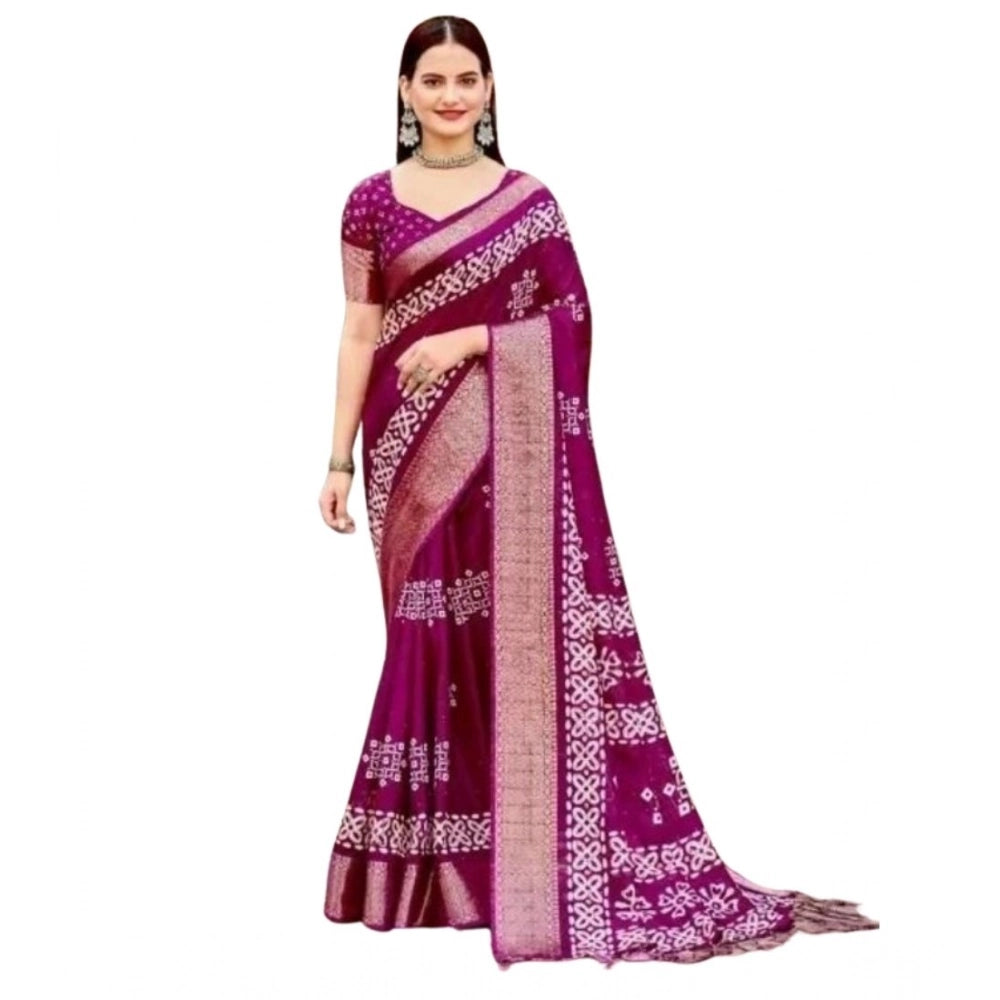 Women's Cotton Silk Printed Saree With Unstitched Blouse 5.5Mtr (Wine)