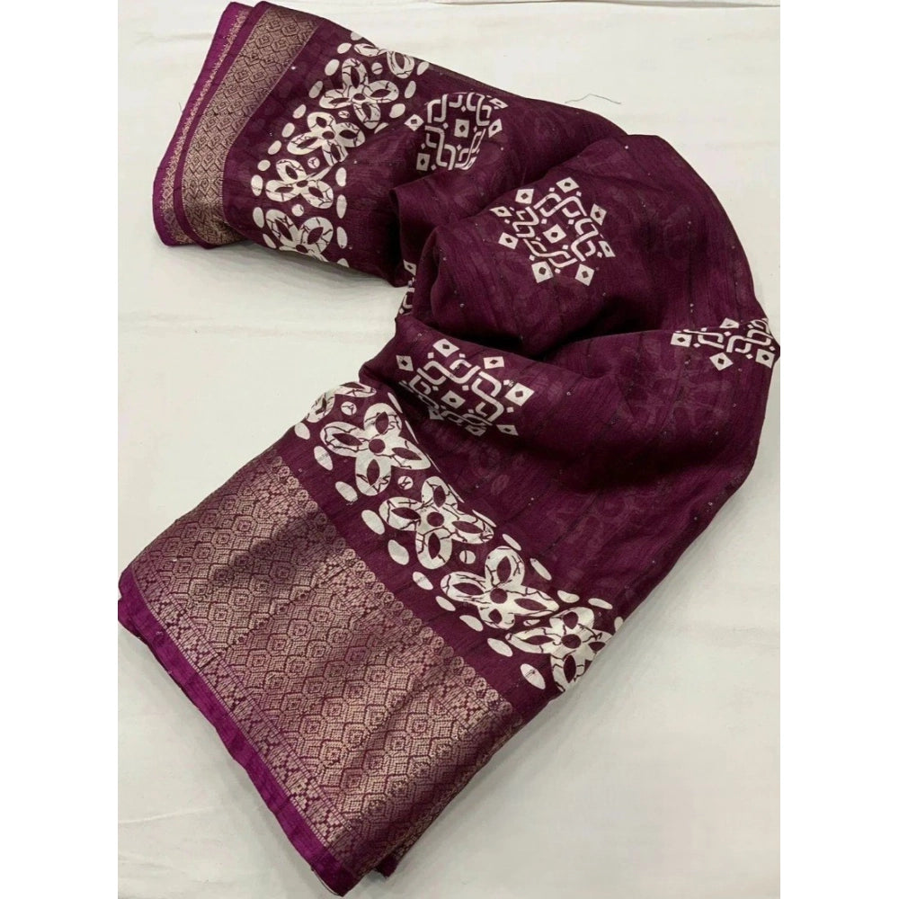 Women's Cotton Silk Printed Saree With Unstitched Blouse 5.5Mtr (Wine)