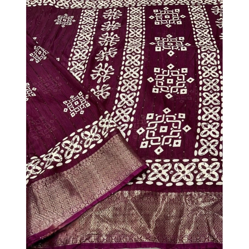 Women's Cotton Silk Printed Saree With Unstitched Blouse 5.5Mtr (Wine)