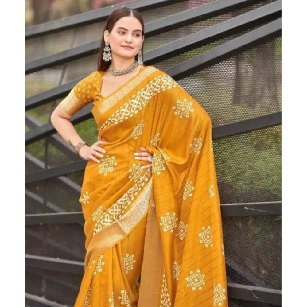 Women's Cotton Silk Printed Saree With Unstitched Blouse 5.5Mtr (Yellow)